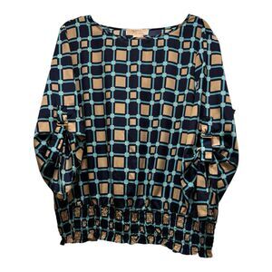Michael Kors 1X Womens Blue Geometric 3/4 Sleeve Smocked Hem Blouse Tunic Top